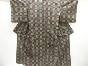 格子に草花模様織り出し本場村山大島紬着物・道行コートアンサンブル